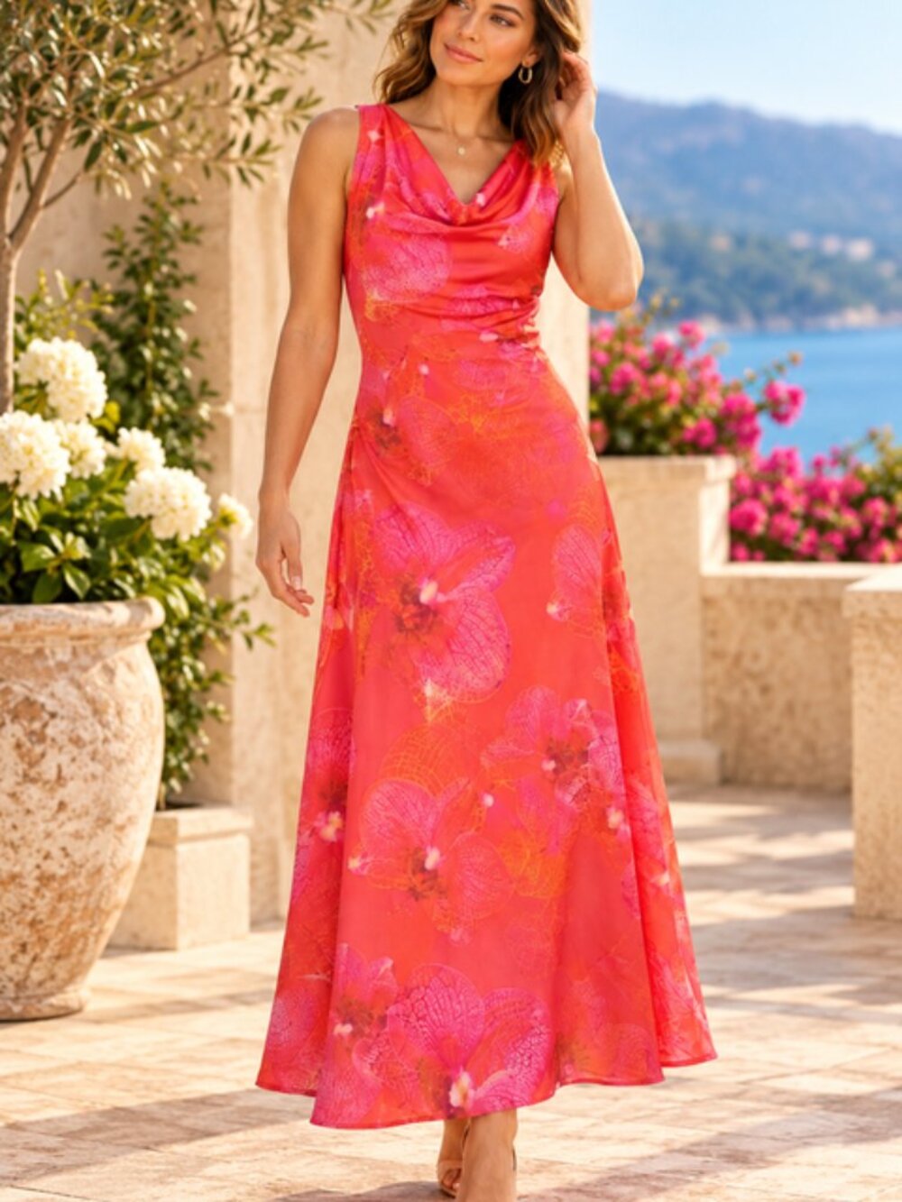 MANGO MNG NWT Pleated Abstract Print Halter Maxi Dress Black Beige L